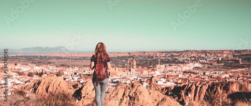 Woman tourist travel in Europa, Spain, City of Guadix in Andalusia
