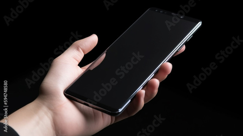 Modern smart phone in man hand. Black background