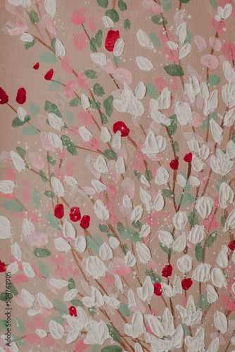 A fragment of a painting with floral motifs. Small red, pink and white voluminous flowers and green leaves on a warm beige background. Spring mood.