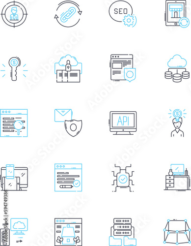 Data analytics linear icons set. Insights, Patterns, Optimization, Trends, Visualization, Analytics, Algorithms line vector and concept signs. Modeling,Predictions,Big data outline illustrations