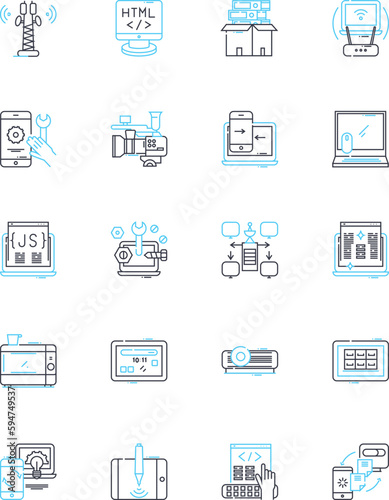 Natural language linear icons set. Syntax, Semantics, Morphology, Pragmatics, Discourse, Phonology, Lexicon line vector and concept signs. Dialogue,Sentences,Grammar outline illustrations photo