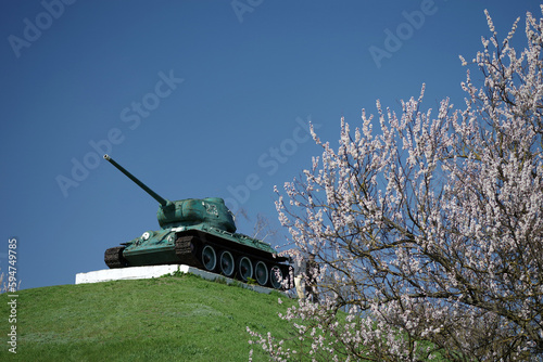 Monument in the Cherkasy region of Ukraine in memory of the Second World War. Soviet tank T-34-85. Selective focus. photo