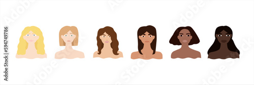 Portrait collage of women with various hair color skin tone and complexion