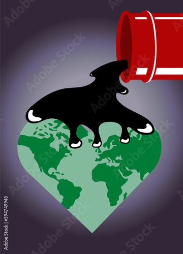 Tin barrel pouring petroleum oil on planet earth