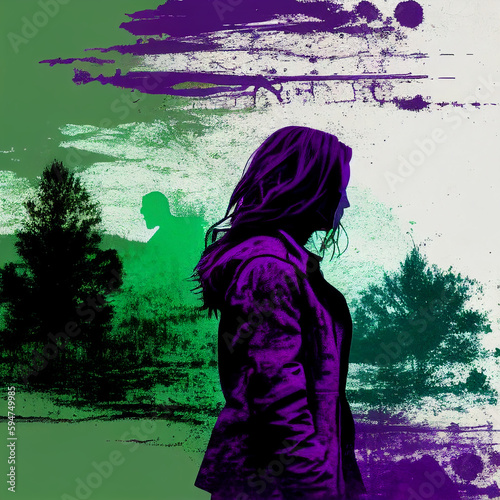 Lone Woman Standing Modern Women's Rights Group Purple Green White Suffragette Demonstration Abstract Art Generative AI Tools Technology illustration photo