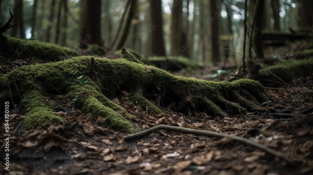 A forest floor with roots and leaves on the ground A forest floor with roots and leaves on the ground