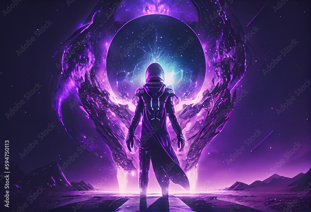 Naklejka premium AI generated illustration of humanoid alien near open portal to another world.