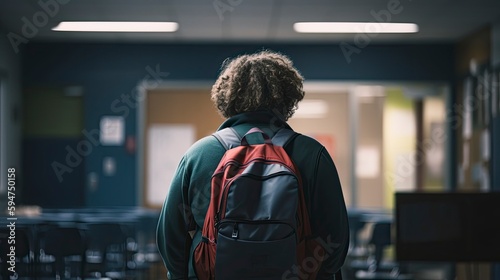 A person with a backpack walks through a classroom.