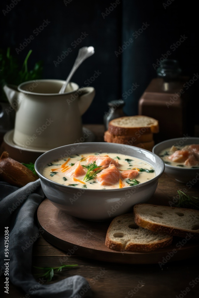smoked salmon soup with cream and herbs. Generative AI