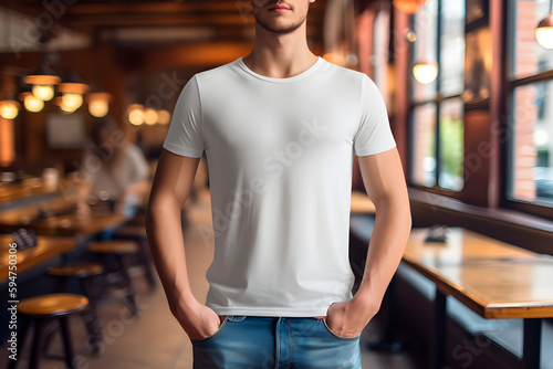 Young man wearing bella canvas white t shirt and jeans, at a cozy restaurant on summers day. Design tshirt template, print presentation mockup. Ai generated.