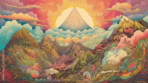 an illustration of a psychedelic lush landscape with pyramids and mountains Generated AI