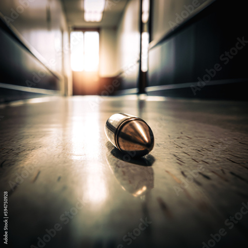 Bullet laying on the floor of a school hallway with closed doors in background.. Generative ai