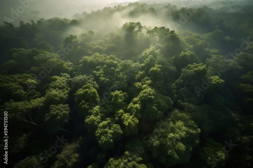 Aerial view of a lush green forest in the morning light.