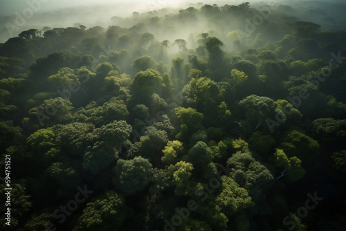 Aerial view of a lush green forest in the morning light.