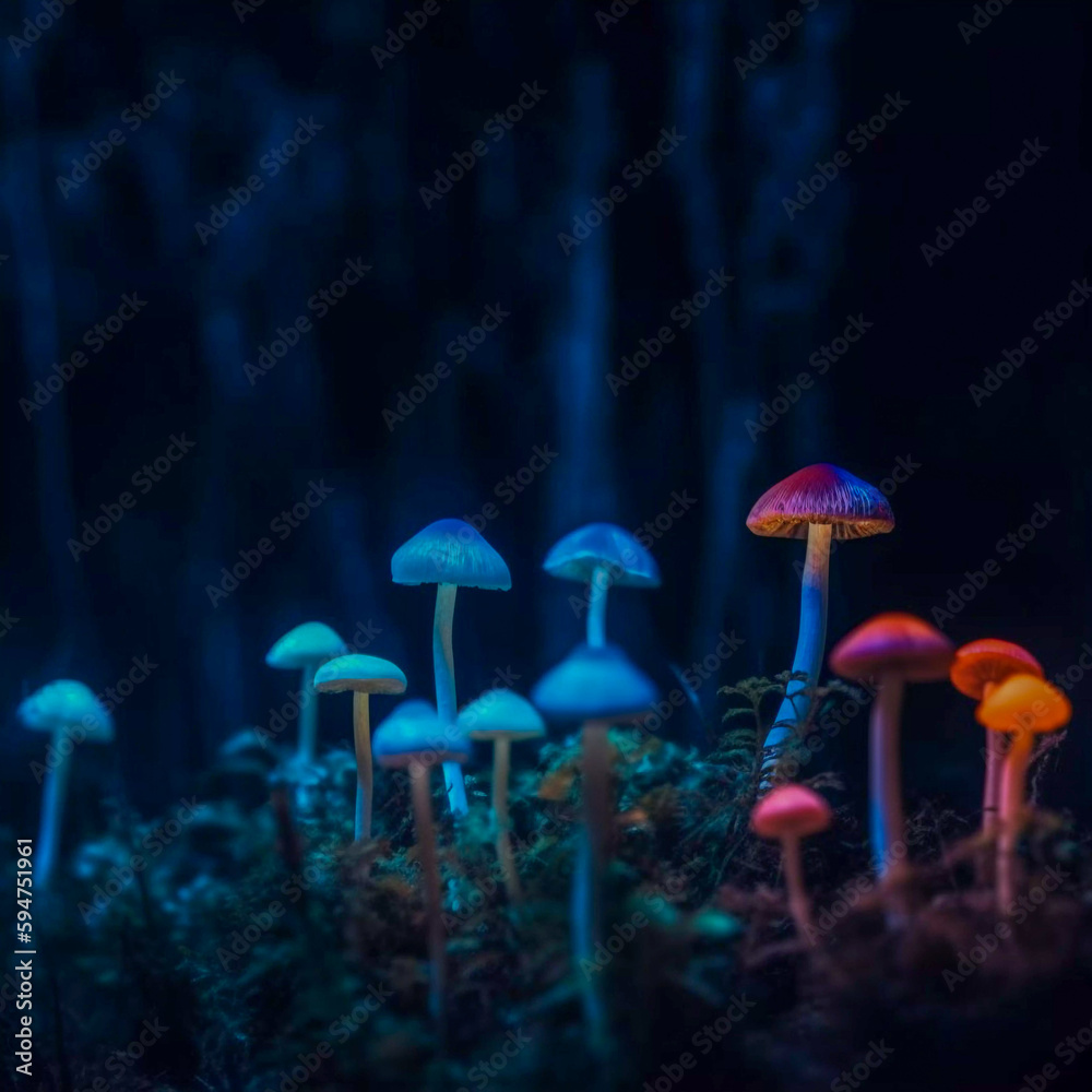 Fototapeta premium Colorful vaporwave psychedelic mushroom, black background, Generative AI