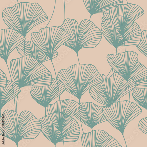 Linear seamless pattern with ginkgo biloba leaves on beige background. Japanese style line art with branches. Botanical vector illustration. Floral pattern