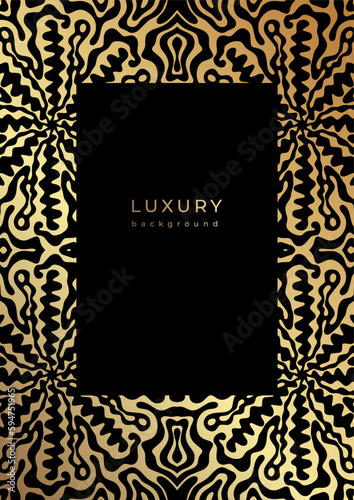 Luxury 70s style template with golden ornate frame. Gold and black wavy pattern. Frame design for cover, poster, flyer.
