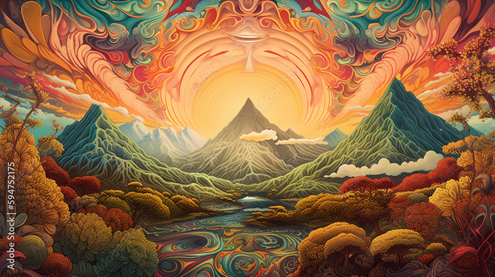 an illustration of a psychedelic lush landscape with pyramids and mountains. Generated Ai - obrazy, fototapety, plakaty 