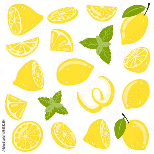 Set of hand drawn whole, half, sliced lemon. vector illustration of fresh tasty citrus fruits and mint for icon, logo, web design, packaging, card, print