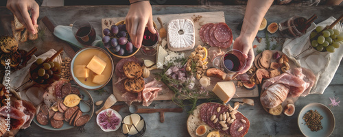 Summer picnic with wine and snacks. Charcuterie, cheese, wine, nuts, olives and peoples hands holding wine glasses and food over wooden background. Italian style. Close-up. Generative Ai