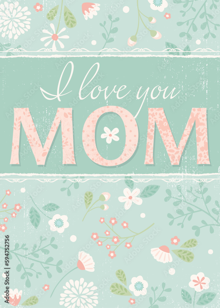 Teal Mothers Day card design, in a cut paper style with textures. 5x7 ratio
