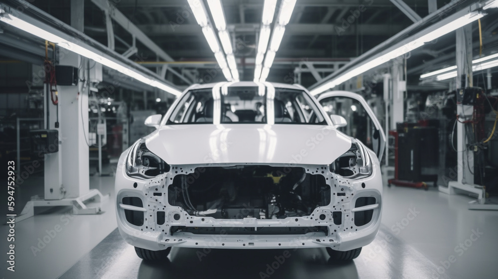 electric Car bodies are on assembly line factory for production of cars modern automotive industry a car being checked before being painted in a high tech enterprise Generated AI
