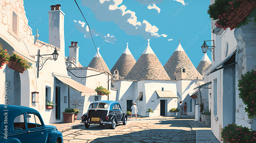 Fototapeta premium Illustration of beautiful view of Alberobello, Italy