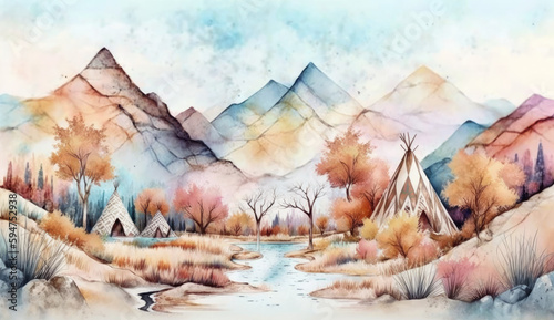 boho tribal design landscape in watercolor, pastel colors background, ai generative
