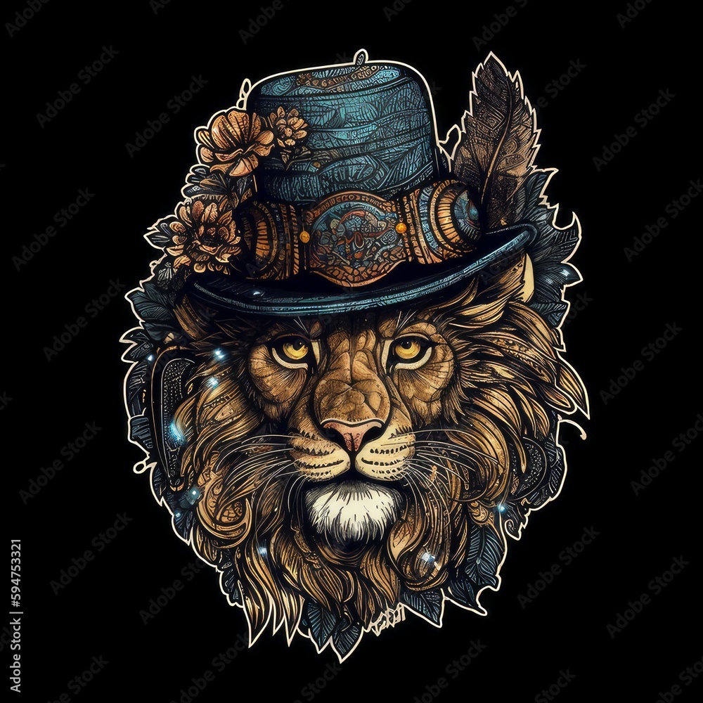 Lion sticker fashion style on black background.