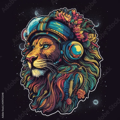 Lion sticker fashion style on black background. photo