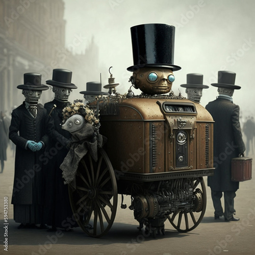 Steampunk robot funeral guests