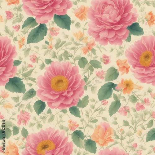 Seamless pattern of pink roses, leaves and branches . Hand drawn background, vintage floral pattern for wallpaper or fabric © Alets