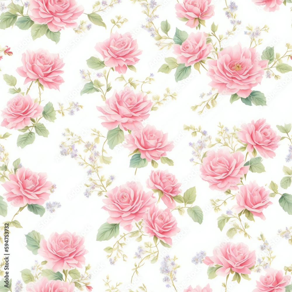 Seamless pattern of pink rose, leaves and branches . Hand drawn background, vintage floral pattern for wallpaper or fabric
