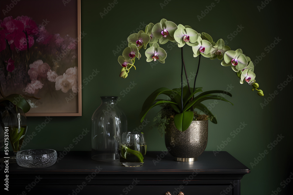 Beautiful tropical yellow phalaenopsis orchid in a pot on a chest of drawers, in an interior with green wall, dark background. Copy space. Ai generated. Beautiful tropical yellow phalaenopsis orchid in a pot on a chest of drawers, in an interior with green wall, dark background. Copy space. Ai generated.