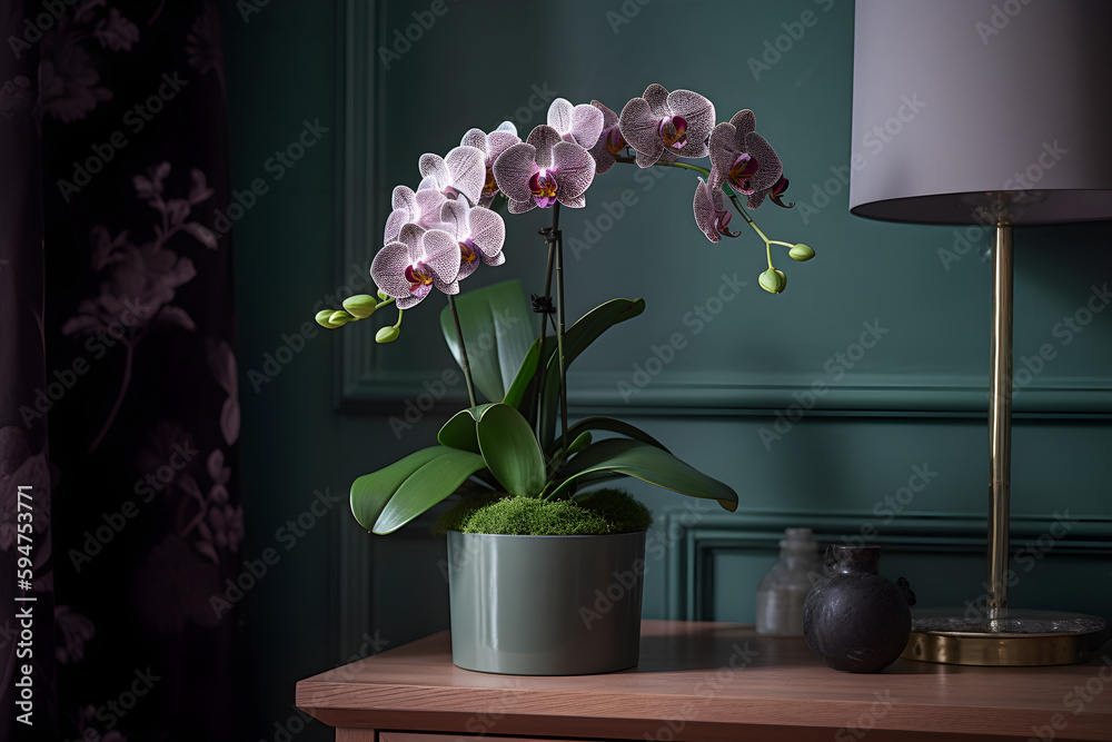 Beautiful tropical pink phalaenopsis orchid in a pot on a chest of drawers, in an interior with green wall, dark background. Copy space. Ai generated. - obrazy, fototapety, plakaty 