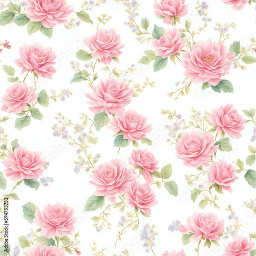 Seamless pattern of pink rose, leaves and branches . Hand drawn background, vintage floral pattern for wallpaper or fabric