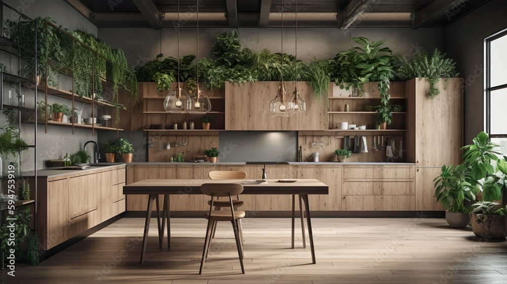 Kitchen modern interior design. Room with wooden furnishing and lot og green plants, dining table and cooking areas. Contemporary home space with furniture illustration background. Generative AI.