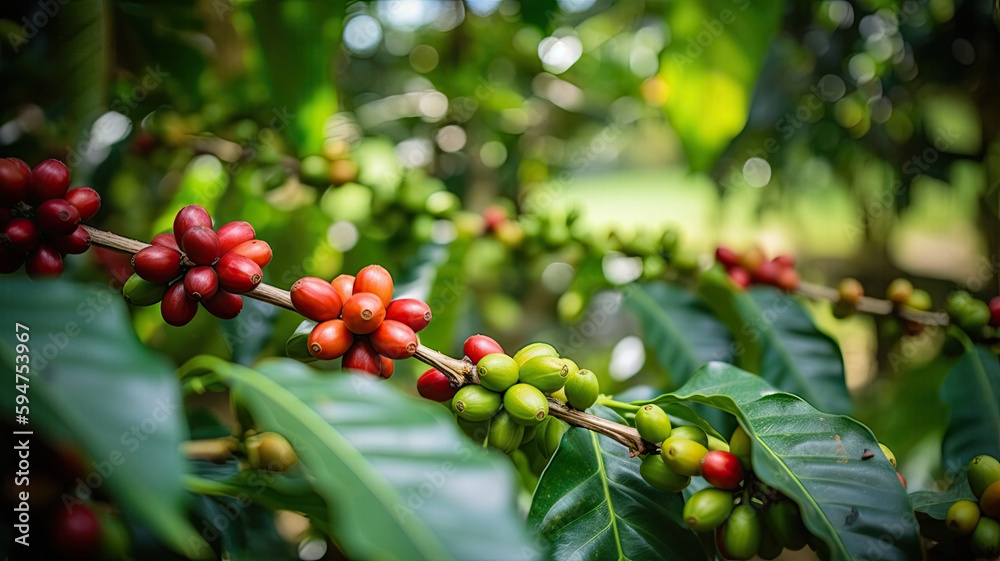 Coffee tree with fresh red coffee beans on coffee plantation. Ripening coffee berry, organic harvest. Created with Generative AI