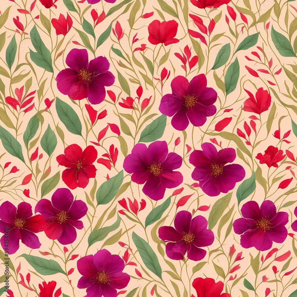 Seamless pattern of purple flowers, leaves and branches . Hand drawn background, vintage floral pattern for wallpaper or fabric Seamless pattern of purple flowers, leaves and branches . Hand drawn background, vintage floral pattern for wallpaper or fabric