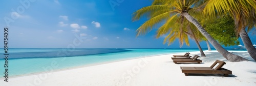 Turquoise sea, sun loungers, White sand and palm trees, Sun, very beautiful nature. banner, copyspace .generative AI