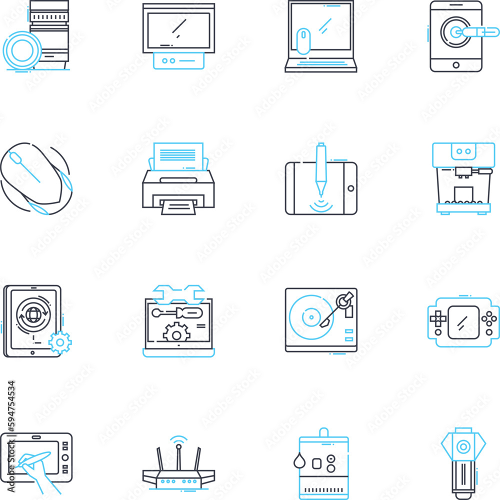 Device advancements linear icons set. Innovation, Progression, Modernization, Development, Advancement, Evolvement, Revolution line vector and concept signs. Enhancement,Upgradation,Breakthrough
