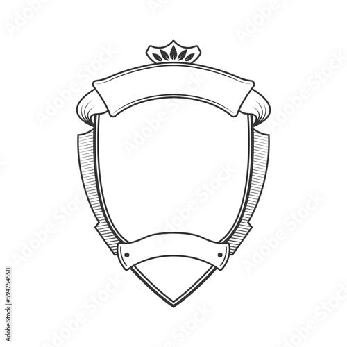 Vintage shield with ribbon. Crest badge. Heraldic banner or emblem design template. Coat of arms icon. Vector illustration.