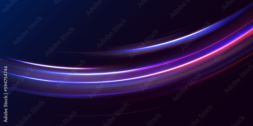 Abstract color light trails with motion blur effect. Electric trail. Neon gradient wavy illustration. Speed light futuristic concept background. Purple and blue wave swirl, impulse cable line vector. Abstract color light trails with motion blur effect. Electric trail. Neon gradient wavy illustration. Speed light futuristic concept background. Purple and blue wave swirl, impulse cable line vector.