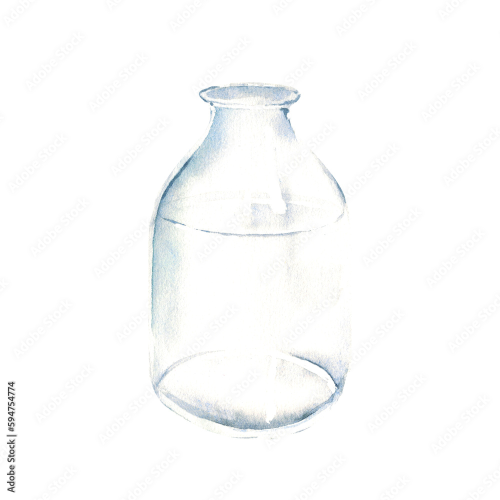 Transparent glass bottle, vase, jar. Watercolor hand drawn illustration on a white background. Transparent glass bottle, vase, jar. Watercolor hand drawn illustration on a white background.