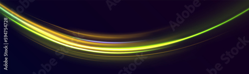 Abstract green blue wave light effect in perspective vector illustration. Abstract neon motion glowing wavy lines. Yellow sparks zig zag vortex trail footprint tracing effect on black background. 