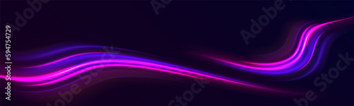 Abstract color light trails with motion blur effect. Electric trail. Neon gradient wavy illustration. Speed light futuristic concept background. Purple and blue wave swirl, impulse cable line vector.