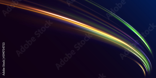Abstract green blue wave light effect in perspective vector illustration. Abstract neon motion glowing wavy lines. Yellow sparks zig zag vortex trail footprint tracing effect on black background. 