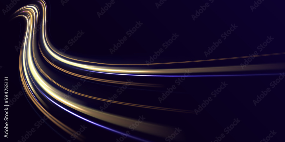 Obraz premium Golden light trail wave, fire path trace line and incandescence curve twirl. Luminous yellow lines of speed. Vector illustration of blue abstract background with blurred magic neon light curved lines.