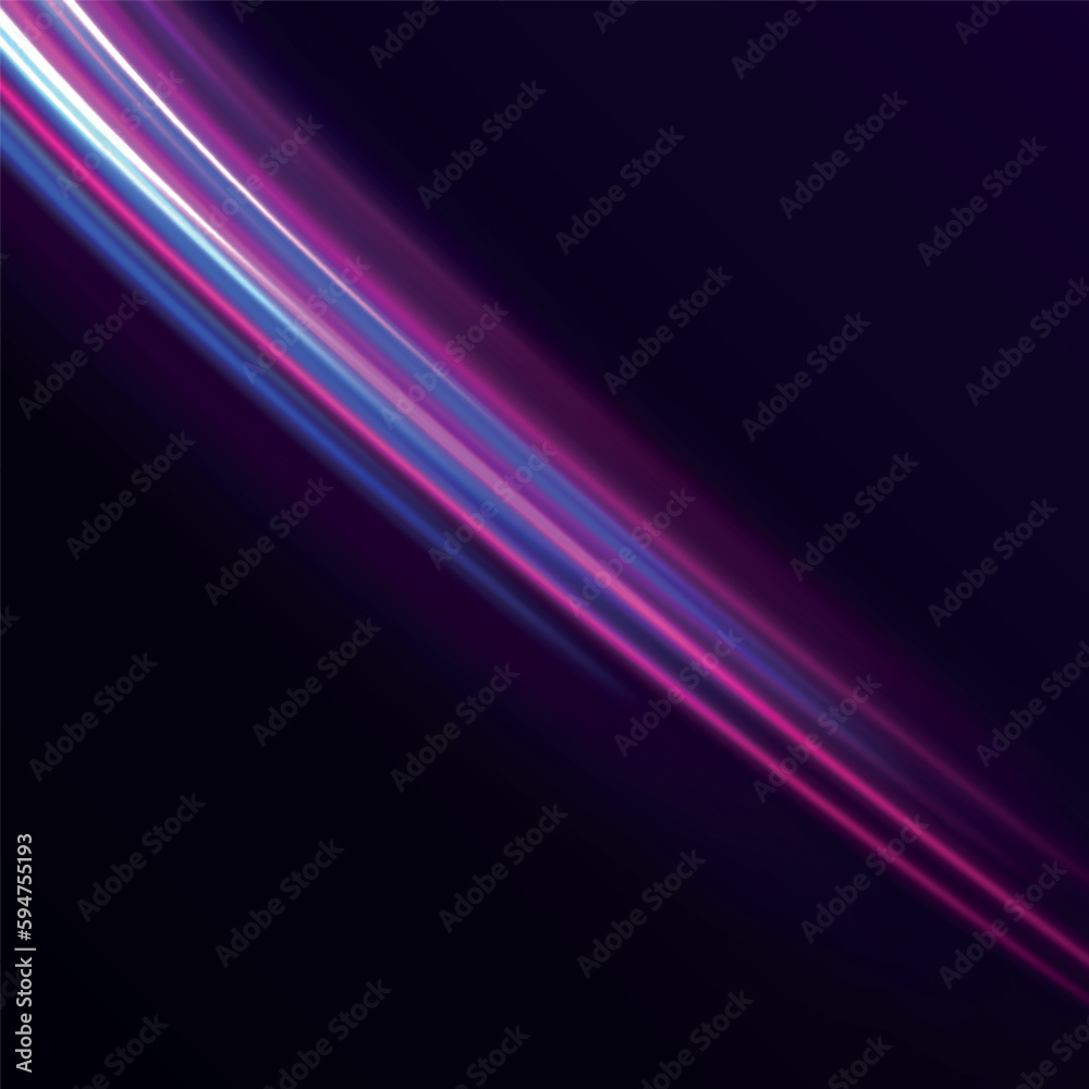 Abstract color light trails with motion blur effect. Electric trail. Neon gradient wavy illustration. Speed light futuristic concept background. Purple and blue wave swirl, impulse cable line vector.
