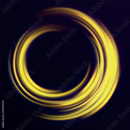 Glowing shiny spiral lines effect vector background. Light gold Twirl. Shiny wavy trail. Curve light effect of golden line. Abstract neon motion glowing wavy lines. Luminous orange, yellow circle. 